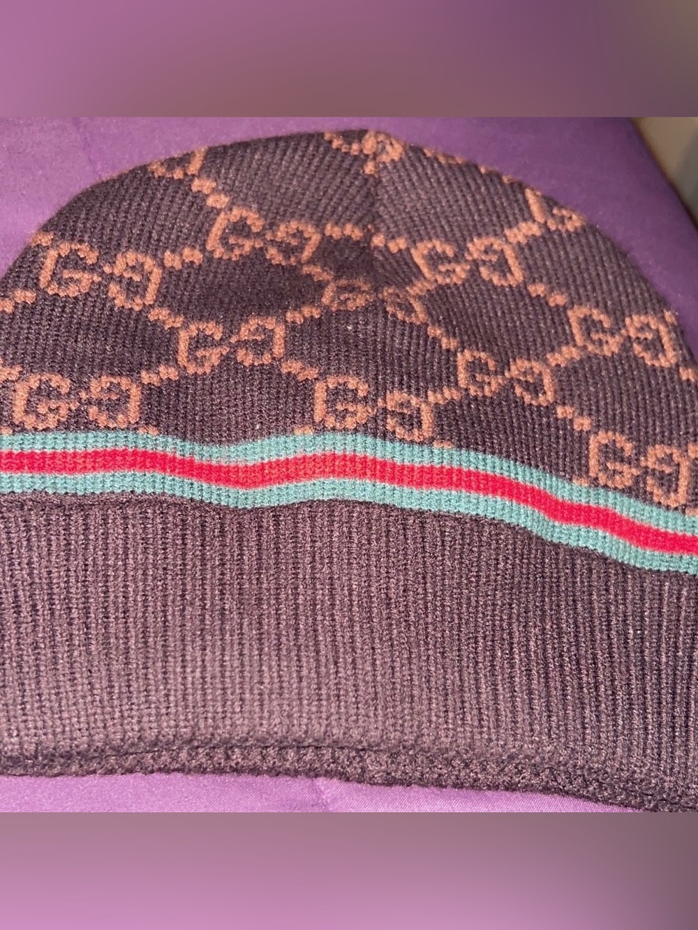 Gucci Brown GG Knit Beanie with Green-Red-Green Stripe